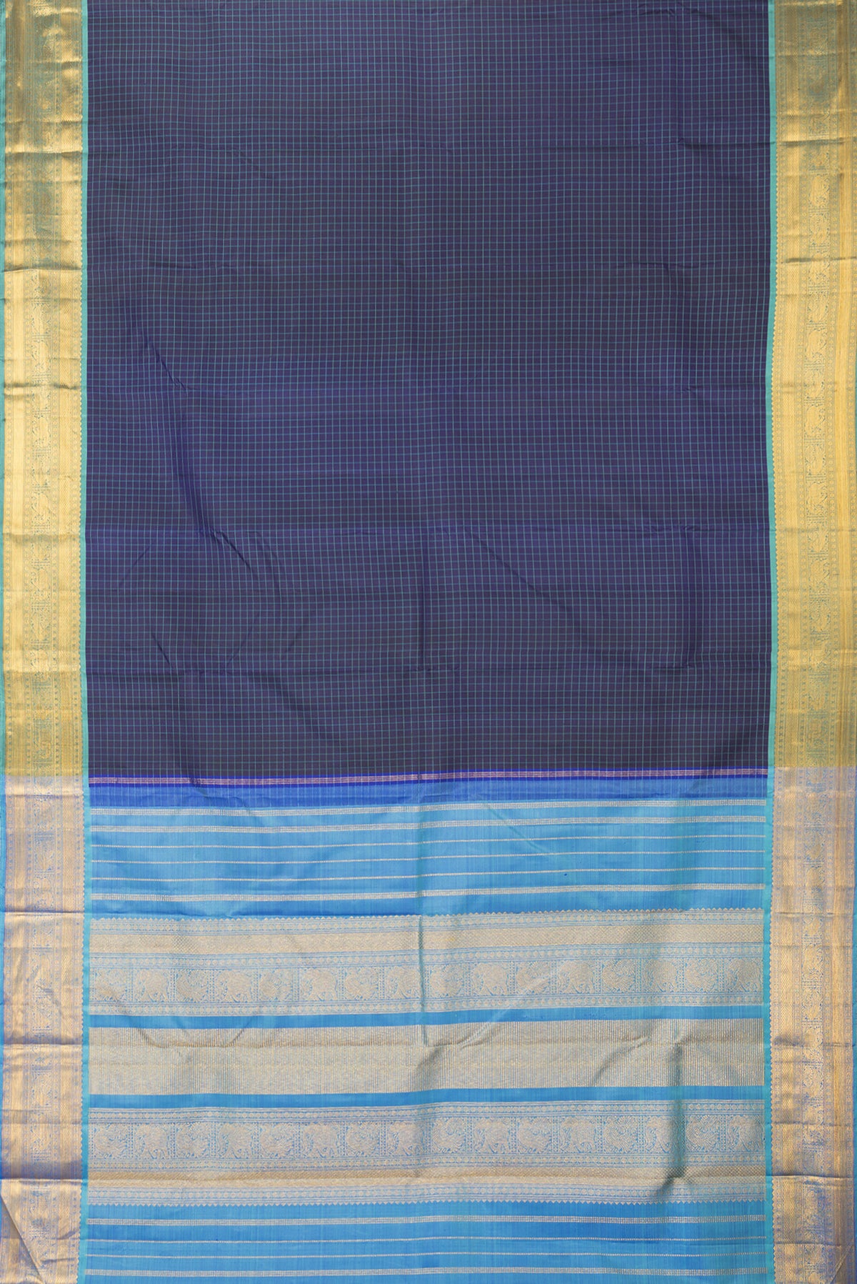 Flat view of Pure Silk Navy Blue Dual Tone Kanjivaram Saree with Checked design on the body and Zari Border. 