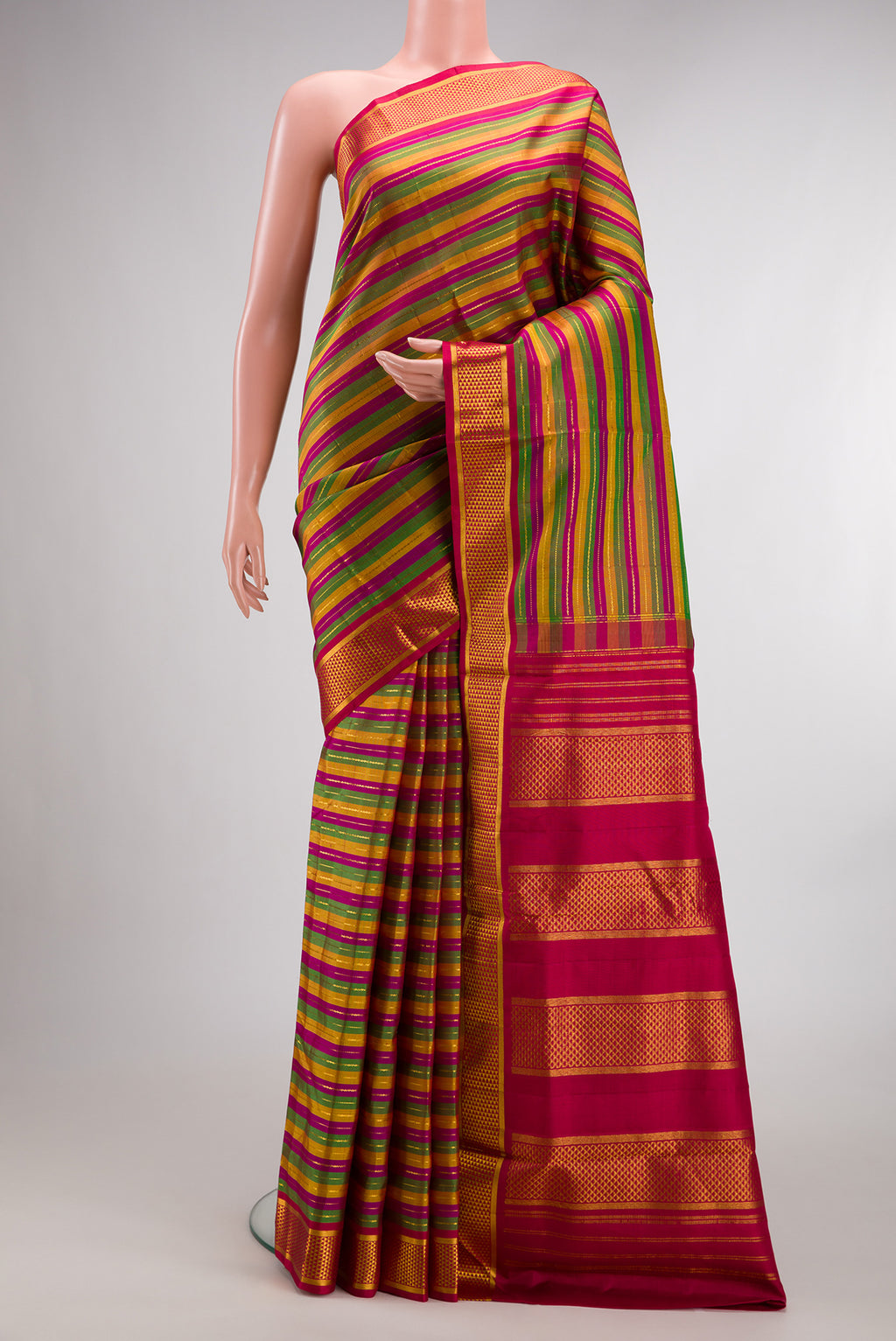 Pure Silk Multi Color Kanjivaram Nine Yards Saree with Stripes on the body and Zari Border.  displayed on a mannequin