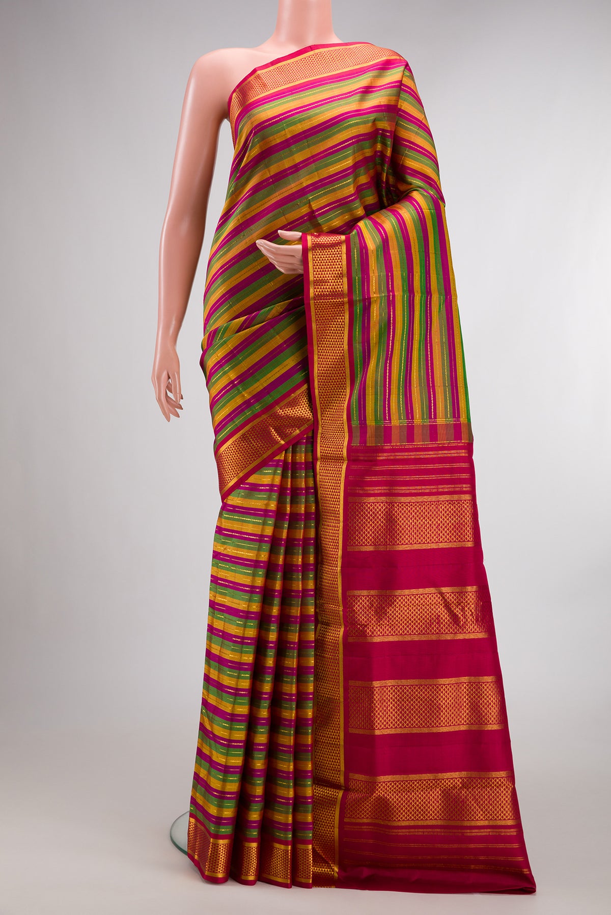 Pure Silk Multi Color Kanjivaram Nine Yards Saree with Stripes on the body and Zari Border.  displayed on a mannequin