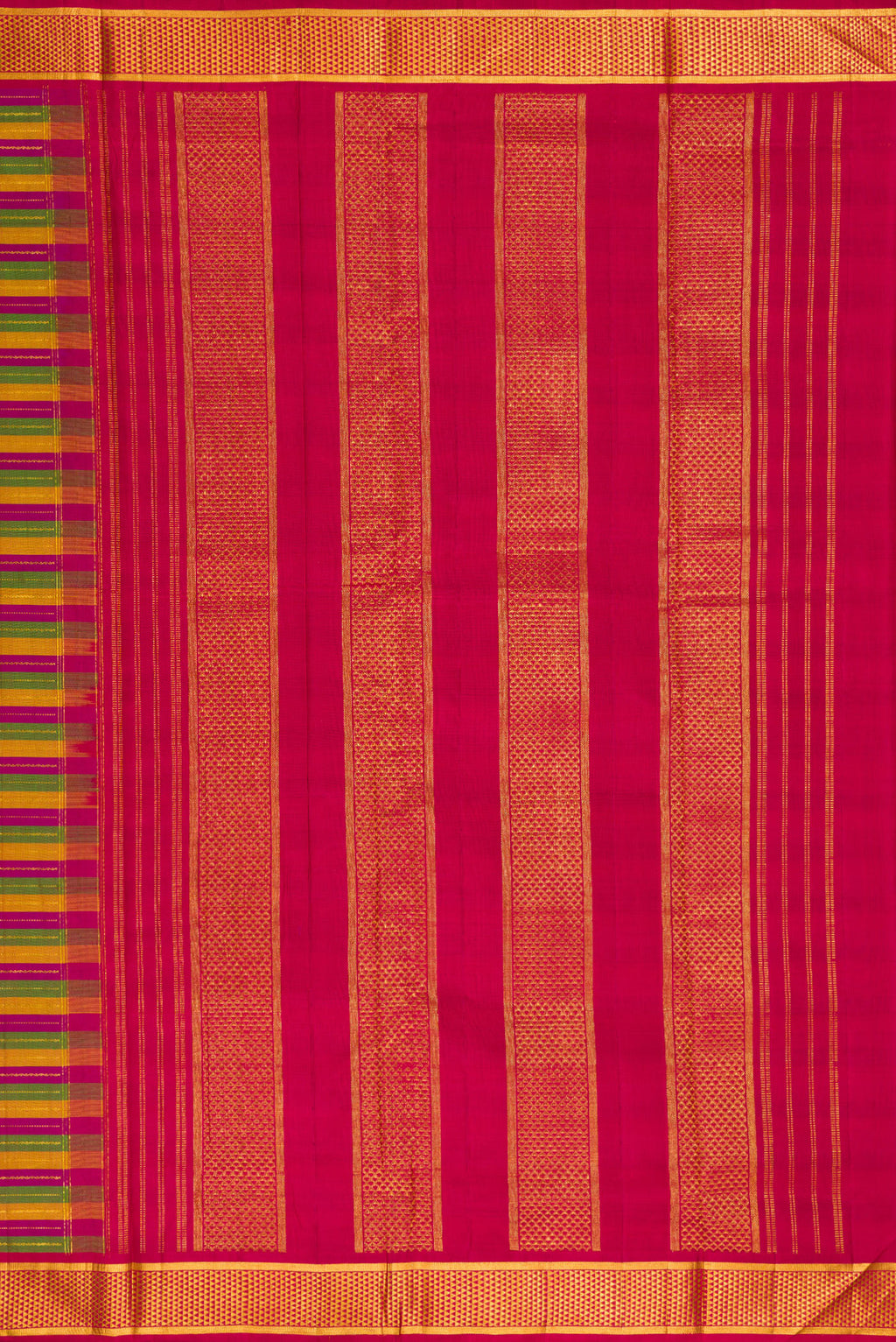 Close up image of the pallu of Pure Silk Multi Color Kanjivaram Nine Yards Saree with Stripes on the body and Zari Border. 