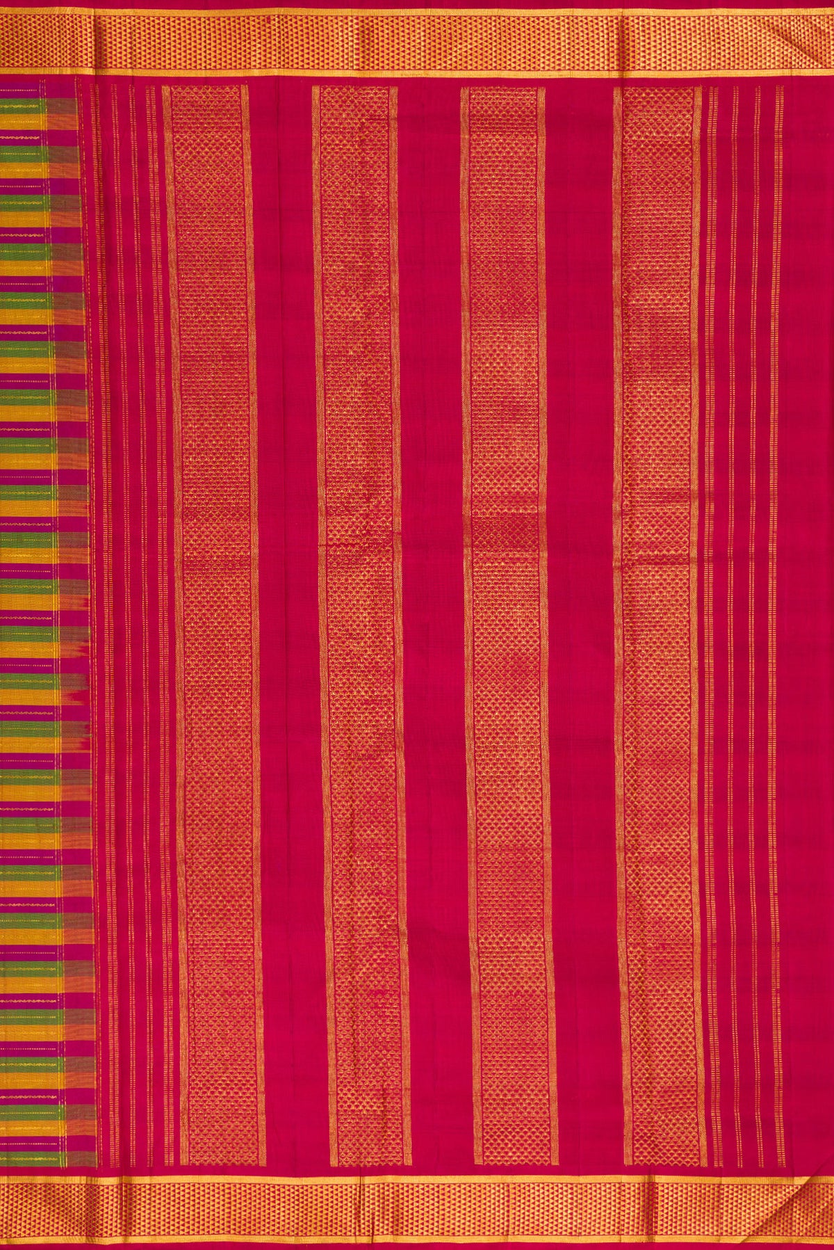 Close up image of the pallu of Pure Silk Multi Color Kanjivaram Nine Yards Saree with Stripes on the body and Zari Border. 