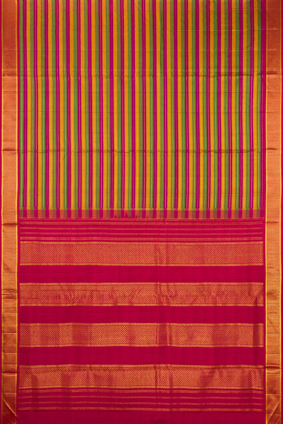 Flat view of Pure Silk Multi Color Kanjivaram Nine Yards Saree with Stripes on the body and Zari Border. 
