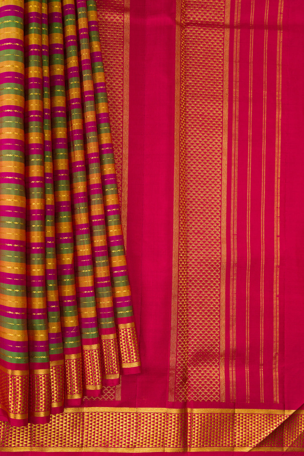 Pleats and pallu of Pure Silk Multi Color Kanjivaram Nine Yards Saree with Stripes on the body and Zari Border. 