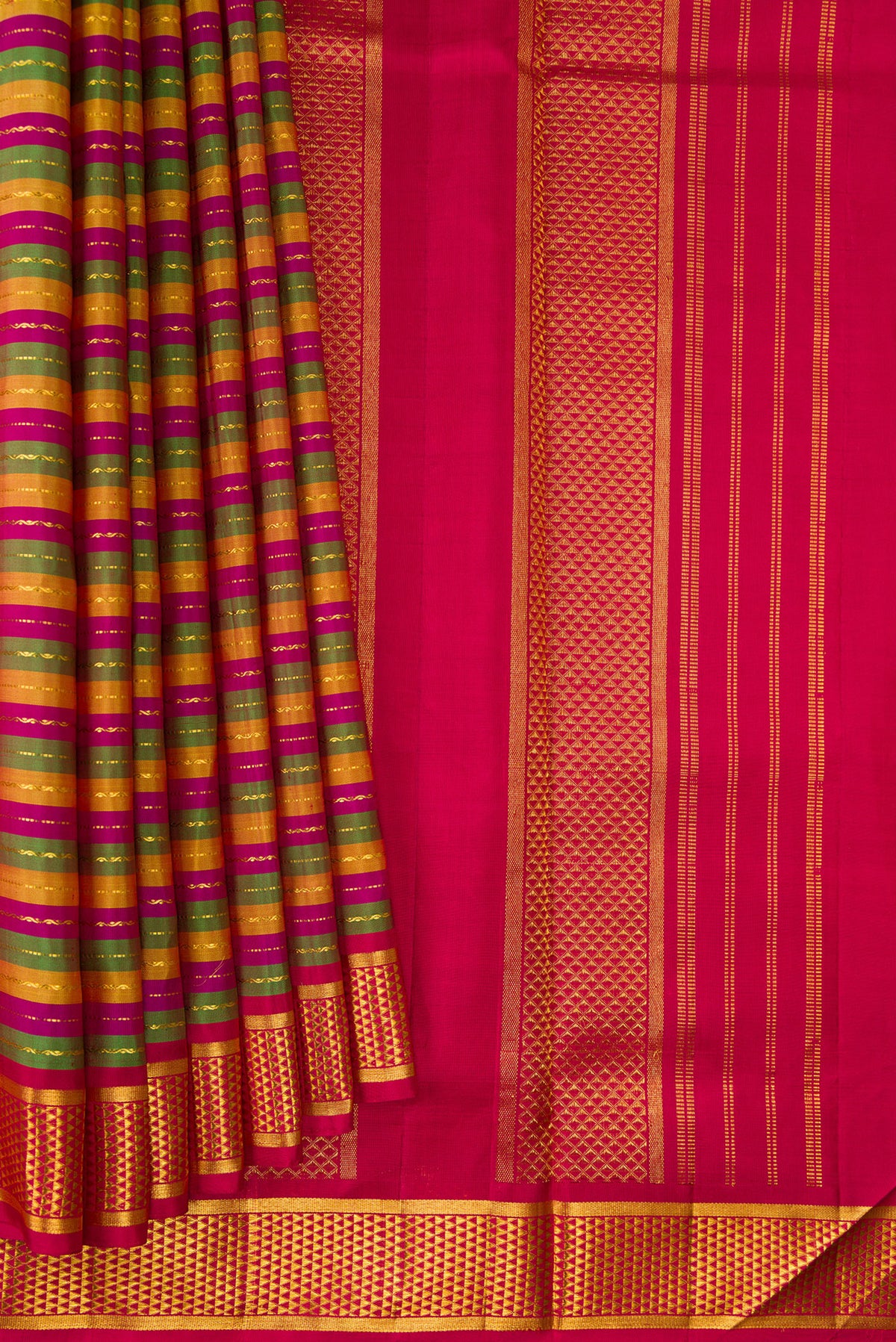 Pleats and pallu of Pure Silk Multi Color Kanjivaram Nine Yards Saree with Stripes on the body and Zari Border. 
