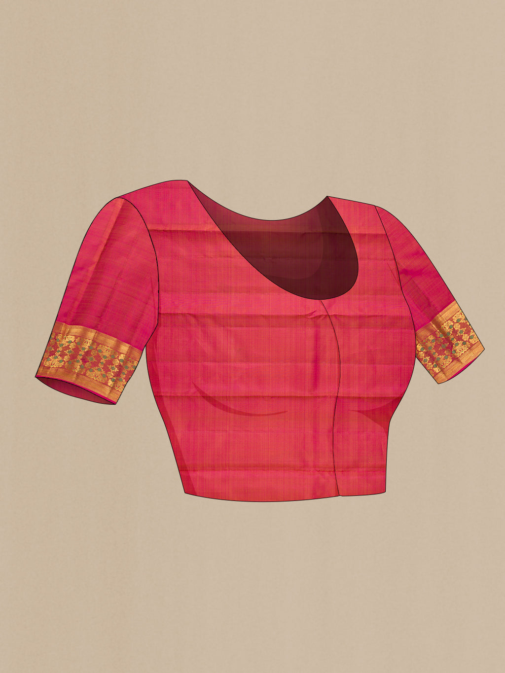 Close up image of the blouse of Pure Silk Beige Kanchipuram Saree with Zari Butta on the body and Fancy Border. 