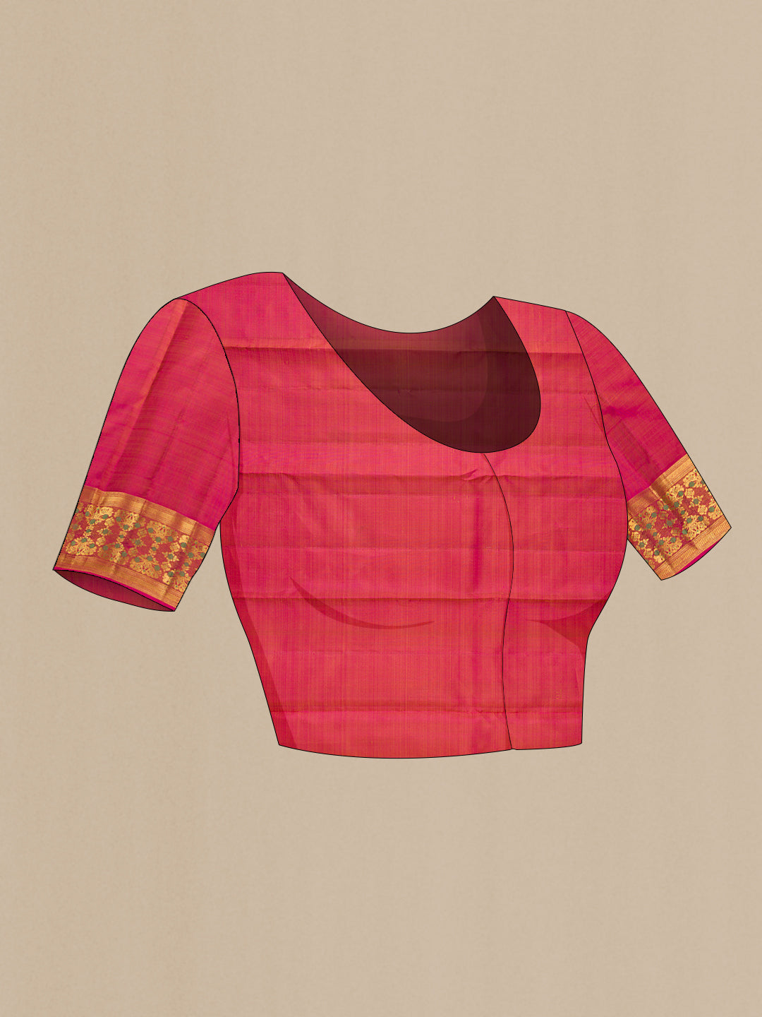 Close up image of the blouse of Pure Silk Beige Kanchipuram Saree with Zari Butta on the body and Fancy Border. 