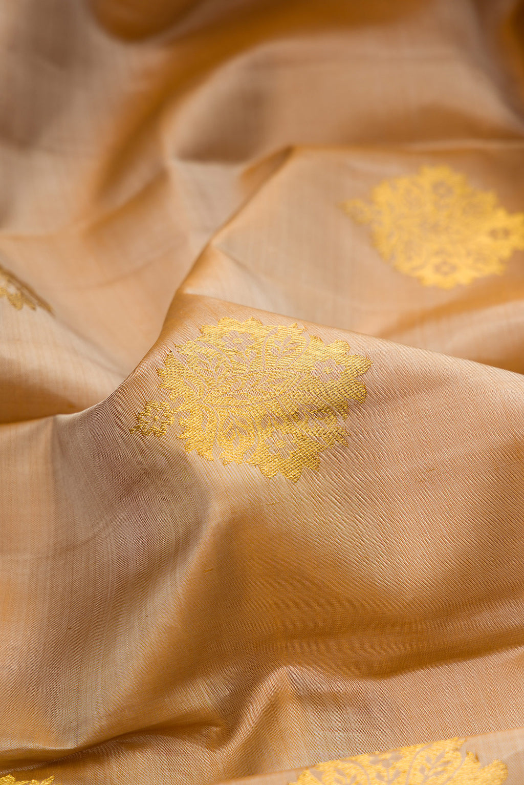 Close up of Pure Silk Beige Kanchipuram Saree with Zari Butta on the body and Fancy Border.  displaying folds