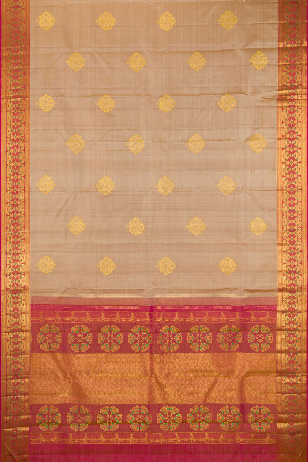 Flat view of Pure Silk Beige Kanchipuram Saree with Zari Butta on the body and Fancy Border. 