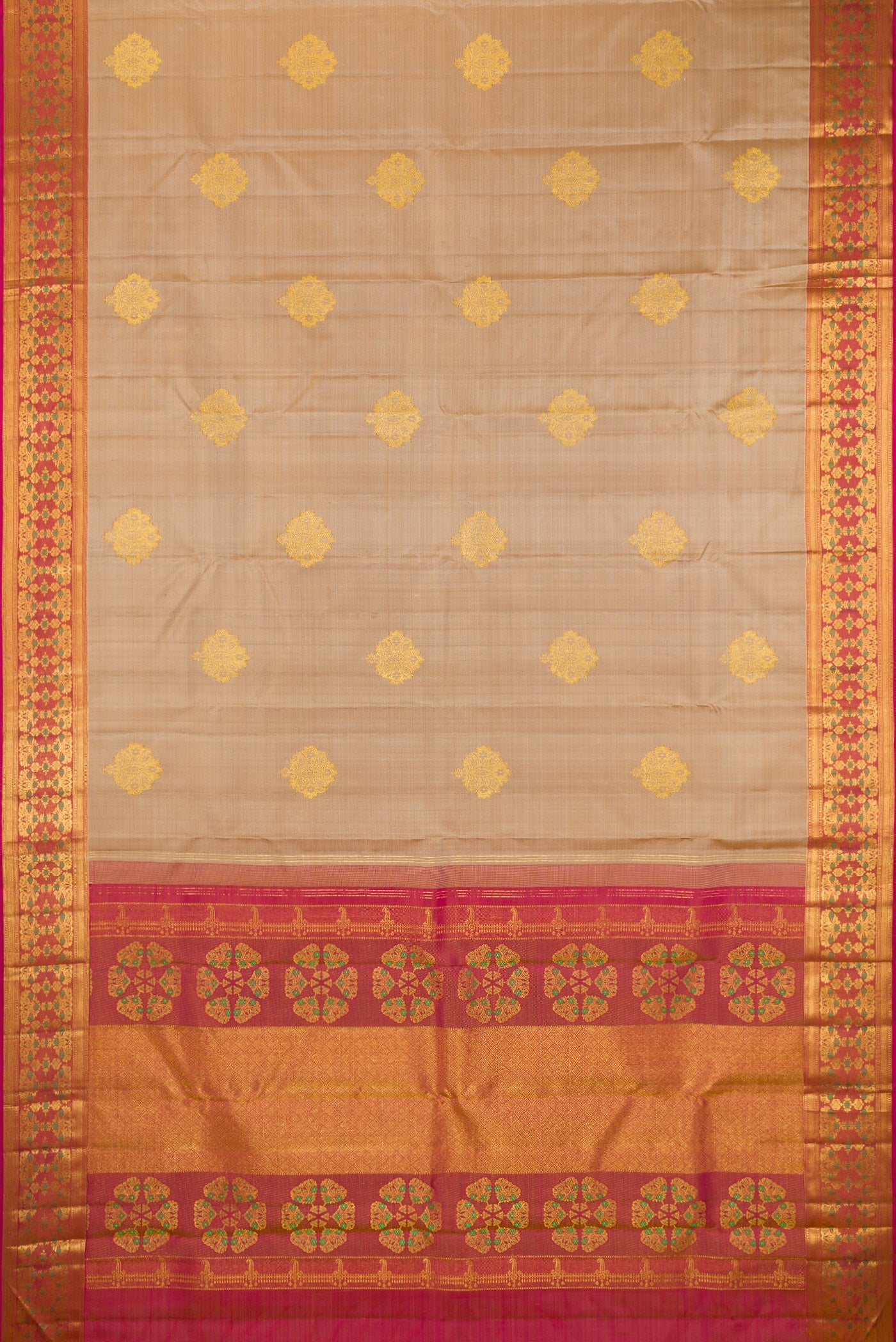 Flat view of Pure Silk Beige Kanchipuram Saree with Zari Butta on the body and Fancy Border. 