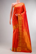 Pure Silk Orange Kanjivaram Saree with Stripes on the body and Zari Border.  displayed on a mannequin