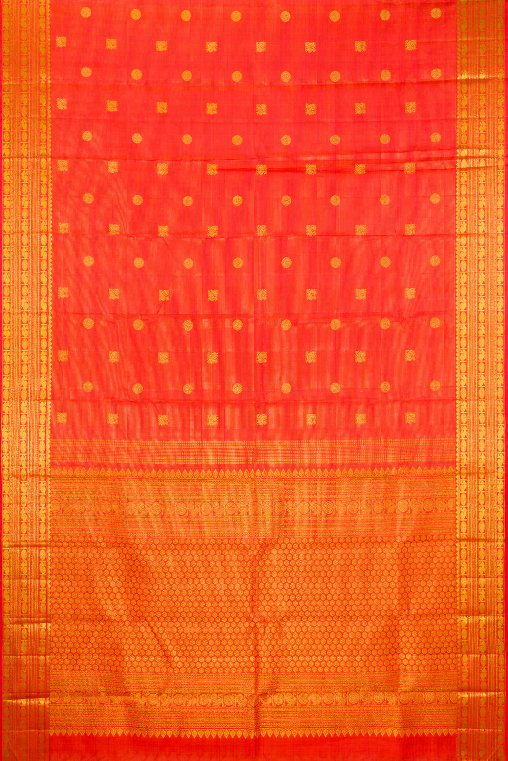 Flat view of Pure Silk Orange Kanjivaram Saree with Stripes on the body and Zari Border. 