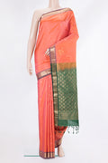 Pure Silk Golden Peach Kanchipuram Saree with Zari Butta on the body and Zari Border.  displayed on a mannequin