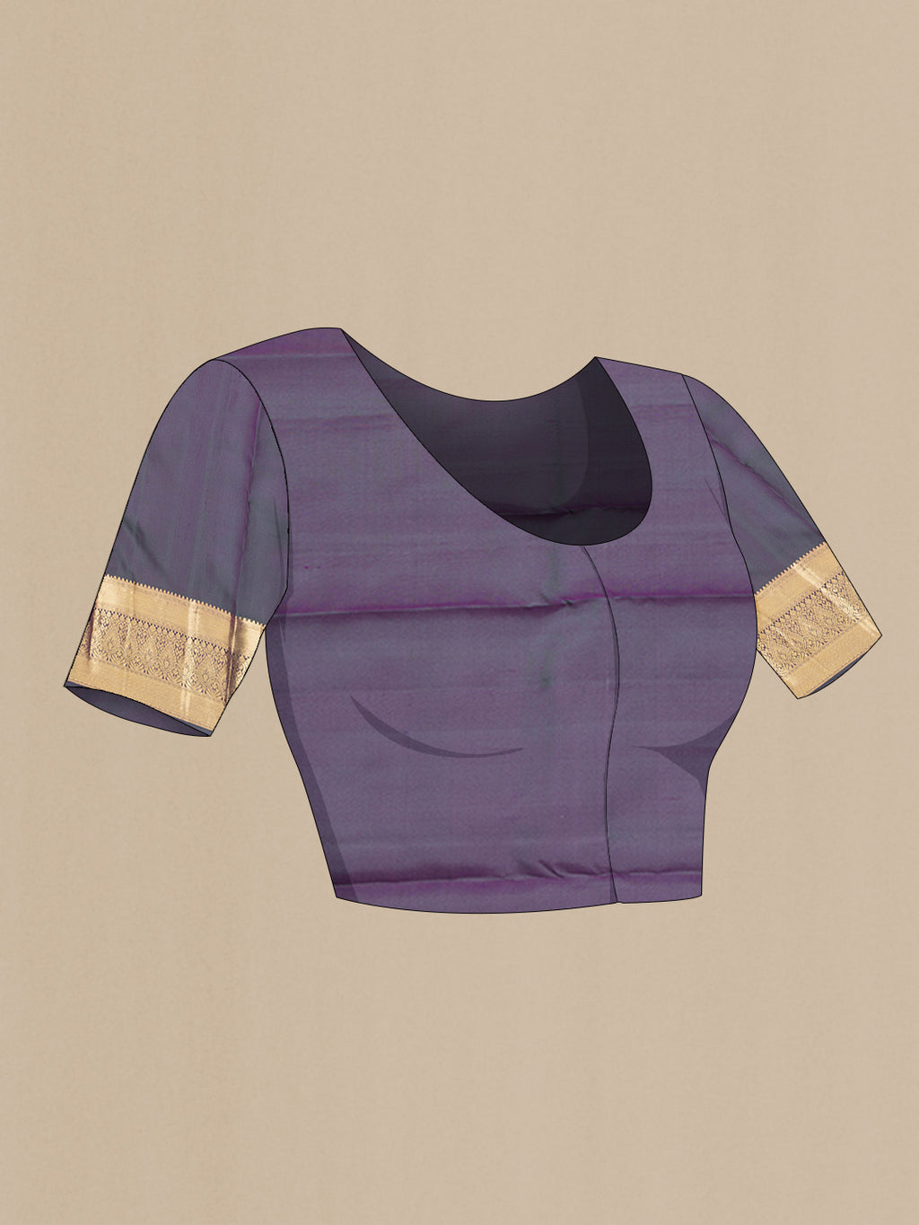 Close up image of the blouse of Pure Silk Purple Kanjivaram Saree with Zari Butta on the body and Zari Border. 