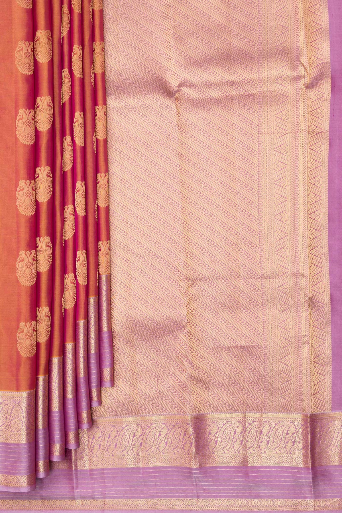 Pleats and pallu of Pure Silk Mustard Kanjivaram Saree with Zari Butta on the body and Zari Border. 