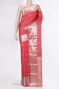 Pure Silk Orange Kanchipuram Saree with Stripes on the body and Zari Border.  displayed on a mannequin