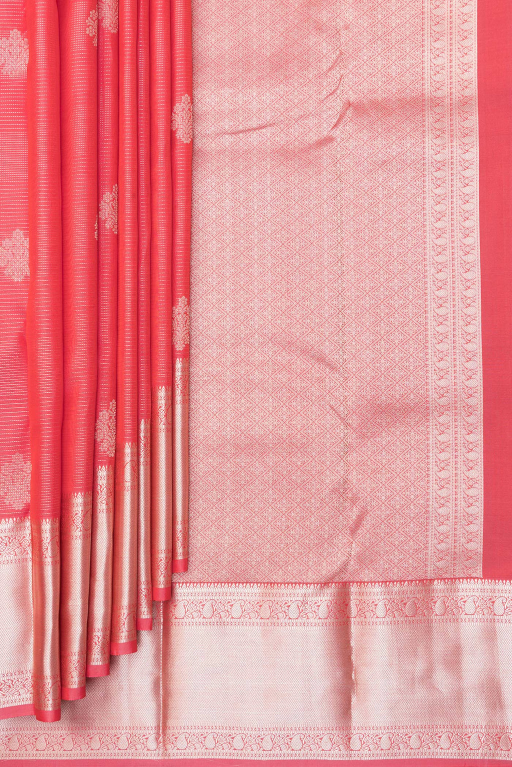 Pleats and pallu of Pure Silk Orange Kanchipuram Saree with Stripes on the body and Zari Border. 