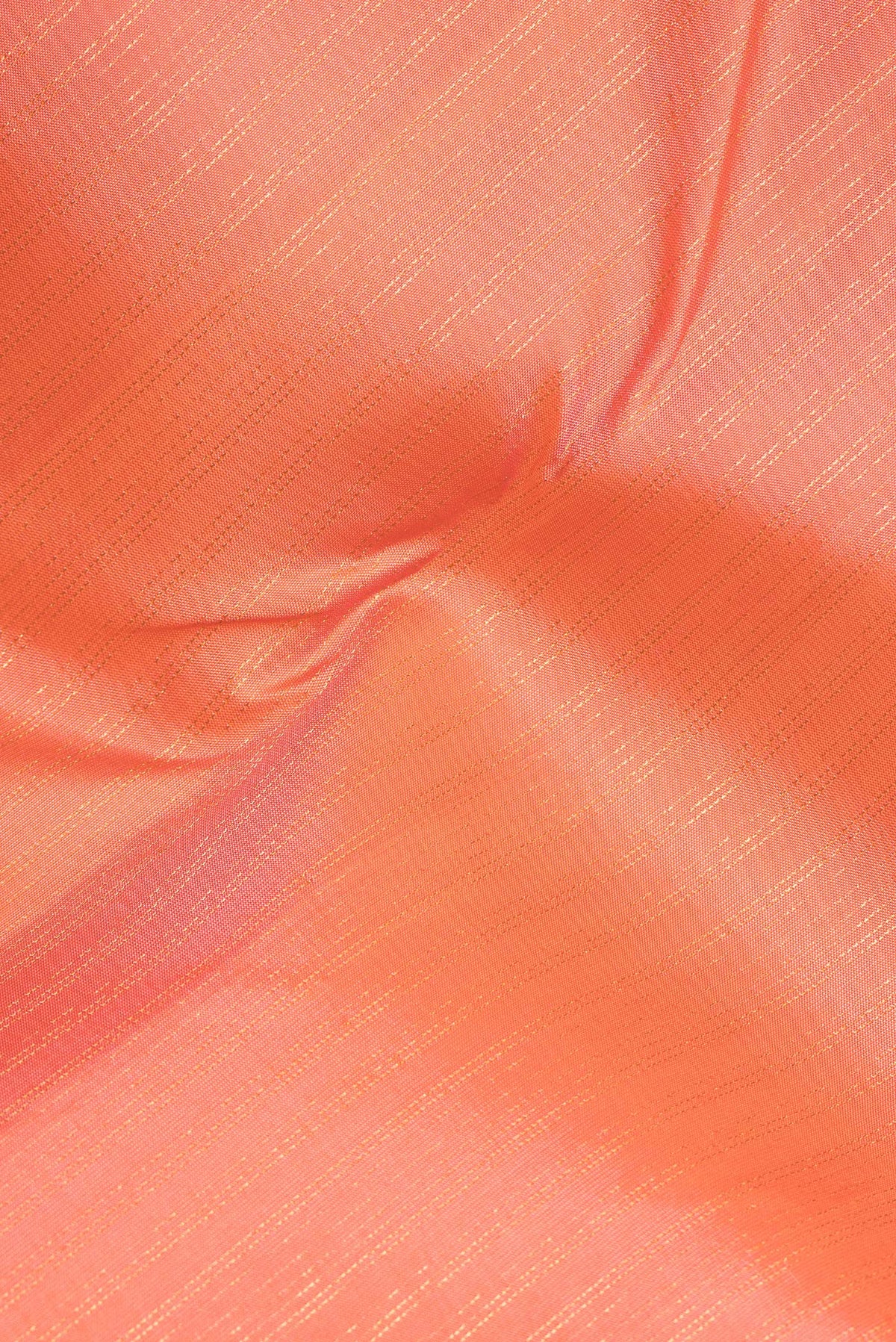 Close up of Pure Silk Peach Kanchipuram Saree with Stripes on the body and Zari Border.  displaying folds