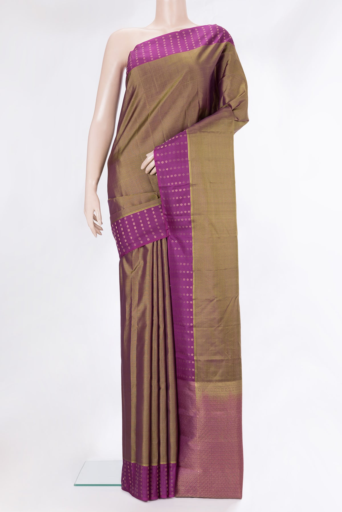 Pure Silk Mehandi Green Dual Tone Kanchipuram Saree with Stripes on the body and Fancy Border.  displayed on a mannequin