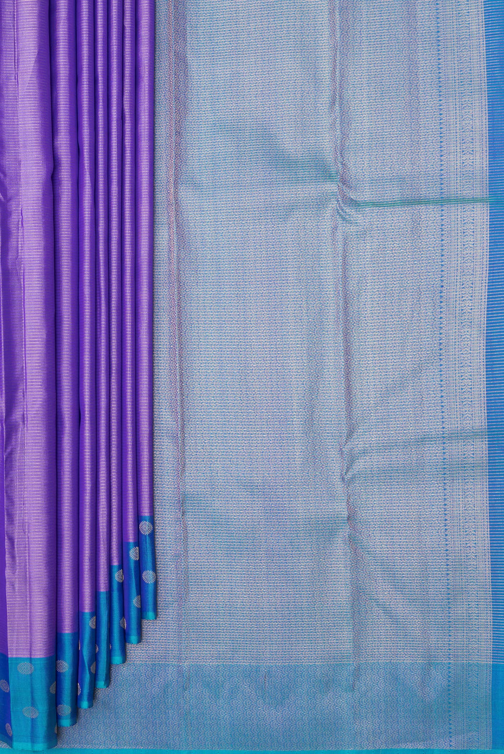 Pleats and pallu of Pure Silk Lavender Kanchipuram Saree with Stripes on the body and Fancy Border. 
