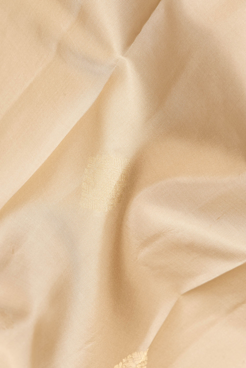 Close up of Pure Silk Beige Kanchipuram Saree with Zari Butta on the body and Zari Border.  displaying folds