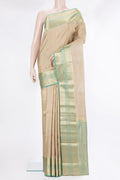Pure Silk Beige Kanchipuram Saree with Zari Butta on the body and Zari Border.  displayed on a mannequin