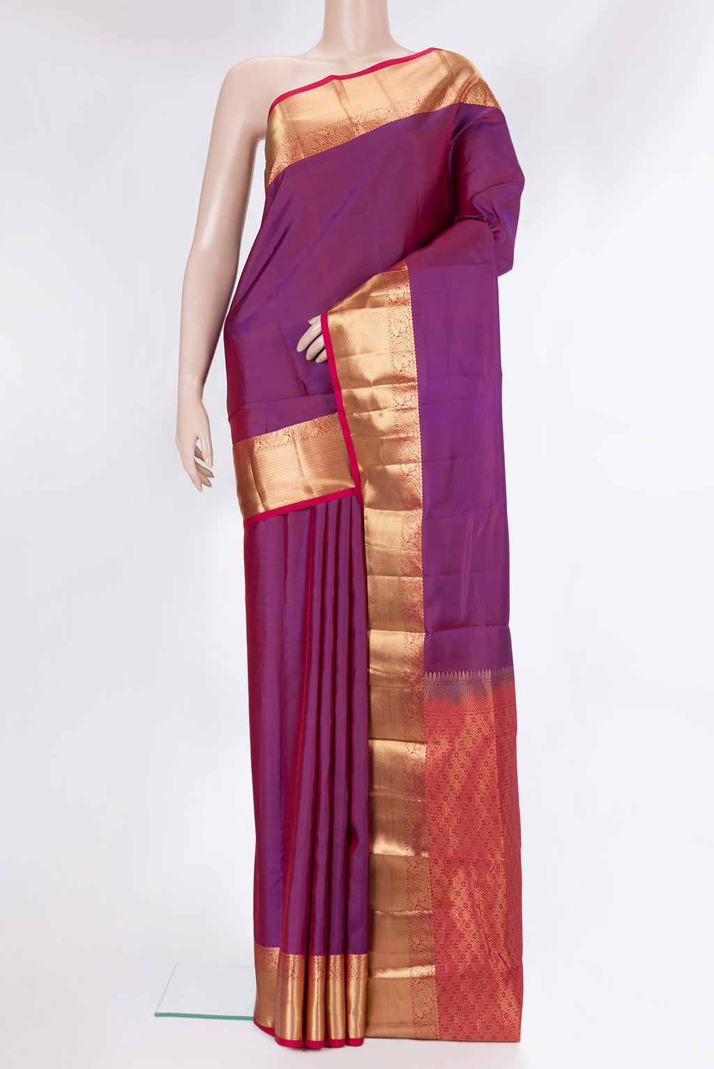Pure Silk Purple Dual Tone Kanchipuram Saree with Plain Body and Zari Border.  displayed on a mannequin