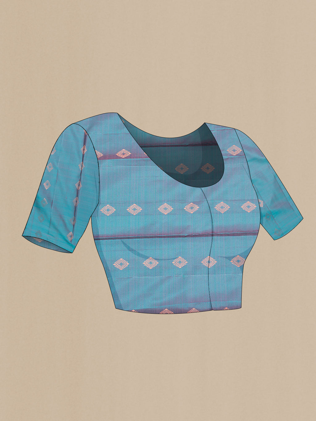 Close up image of the blouse of Pure Silk Pink Kanchipuram Saree with Stripes on the body and Fancy Border. 