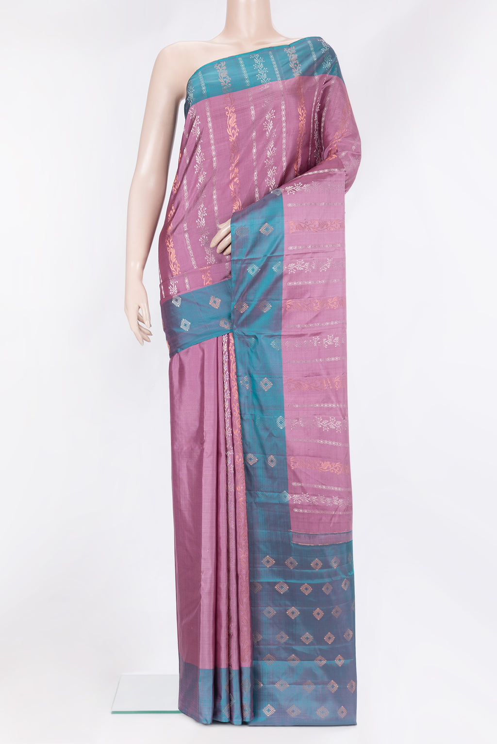 Pure Silk Pink Kanchipuram Saree with Stripes on the body and Fancy Border.  displayed on a mannequin