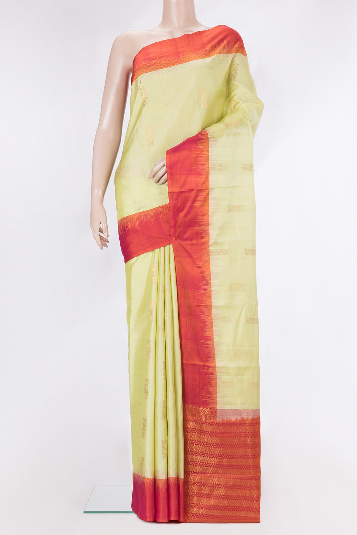 Pure Silk Lemon Yellow Kanchipuram Saree with Zari Butta on the body and Plain Border.  displayed on a mannequin