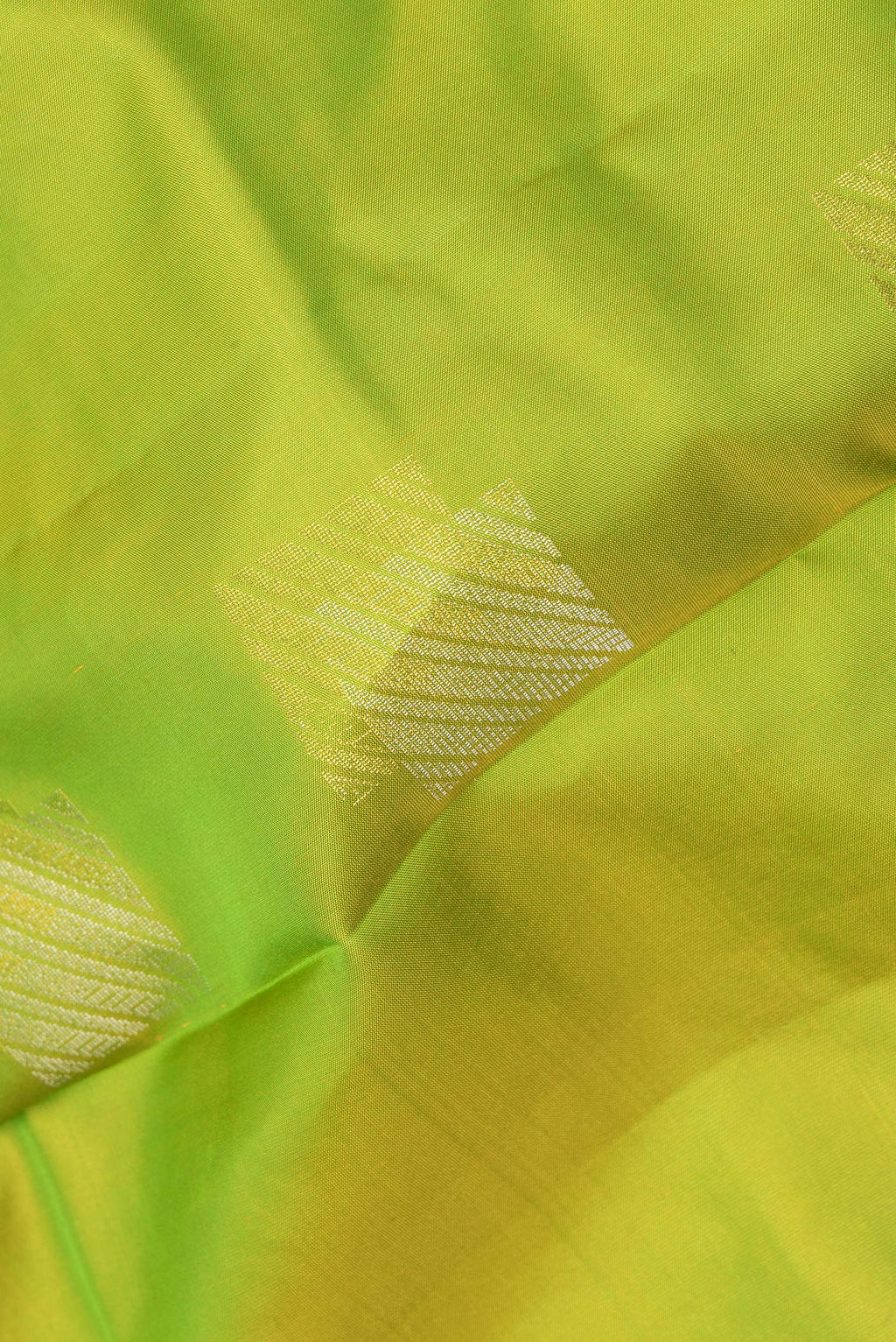 Close up of Pure Silk Parrot Green Kanchipuram Saree with Zari Butta on the body and Plain Border.  displaying folds