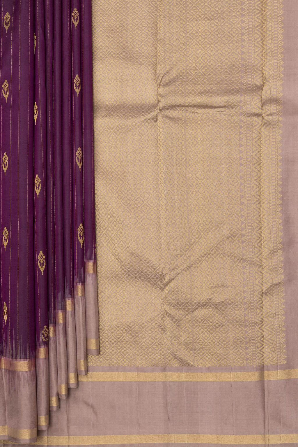 Pleats and pallu of Pure Silk Purple Kanchipuram Saree with Stripes on the body and Plain Border. 
