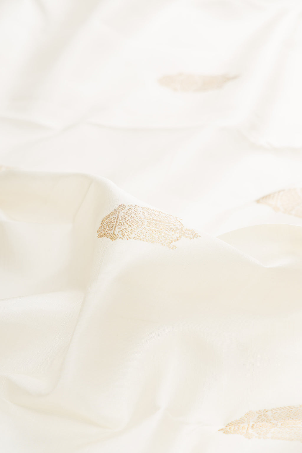Close up of Pure Silk Off White Kanjivaram Saree with Zari Butta on the body and Zari Border.  displaying folds