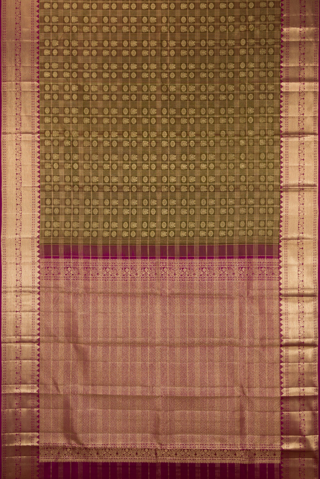 Flat view of Pure Silk Mehandi Green Kanchipuram Saree with Zari Brocade on the body and Fancy Border. 