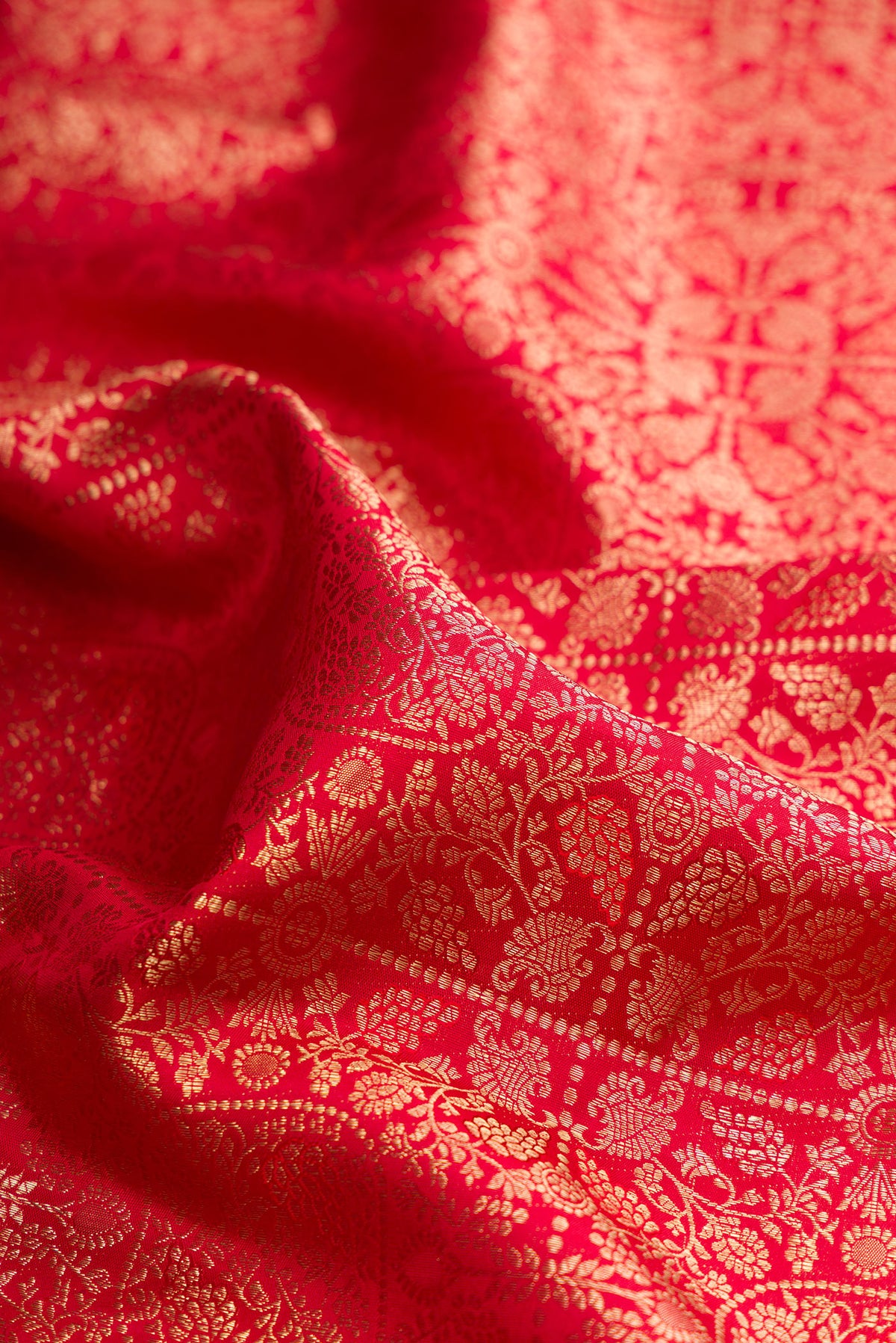 Close up of Pure Silk Red Kanchipuram Saree with Zari Brocade on the body and Zari Border.  displaying folds
