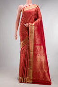 Pure Silk Red Kanchipuram Saree with Zari Brocade on the body and Zari Border.  displayed on a mannequin