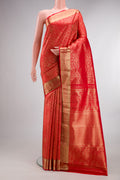 Pure Silk Red Dual Tone Kanchipuram Saree with Zari Brocade on the body and Zari Border.  displayed on a mannequin