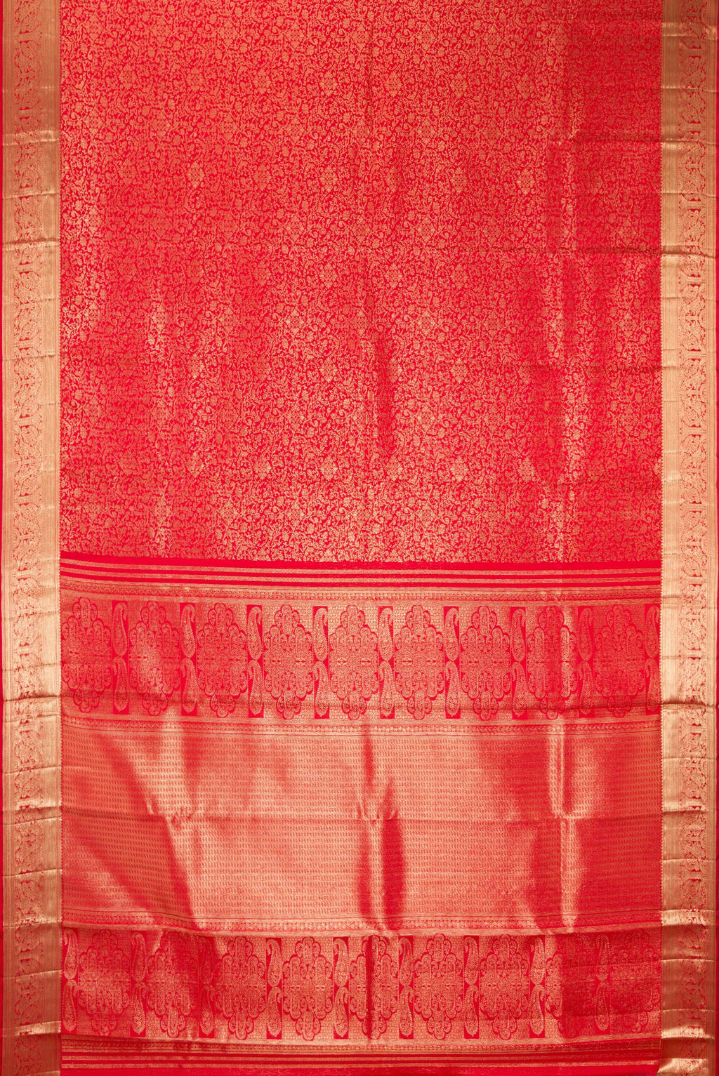 Flat view of Pure Silk Red Dual Tone Kanchipuram Saree with Zari Brocade on the body and Zari Border. 