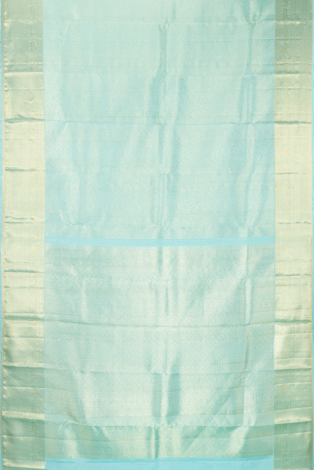 Flat view of Pure Silk Light Blue Dual Tone Kanchipuram Saree with Zari Brocade on the body and Zari Border. 