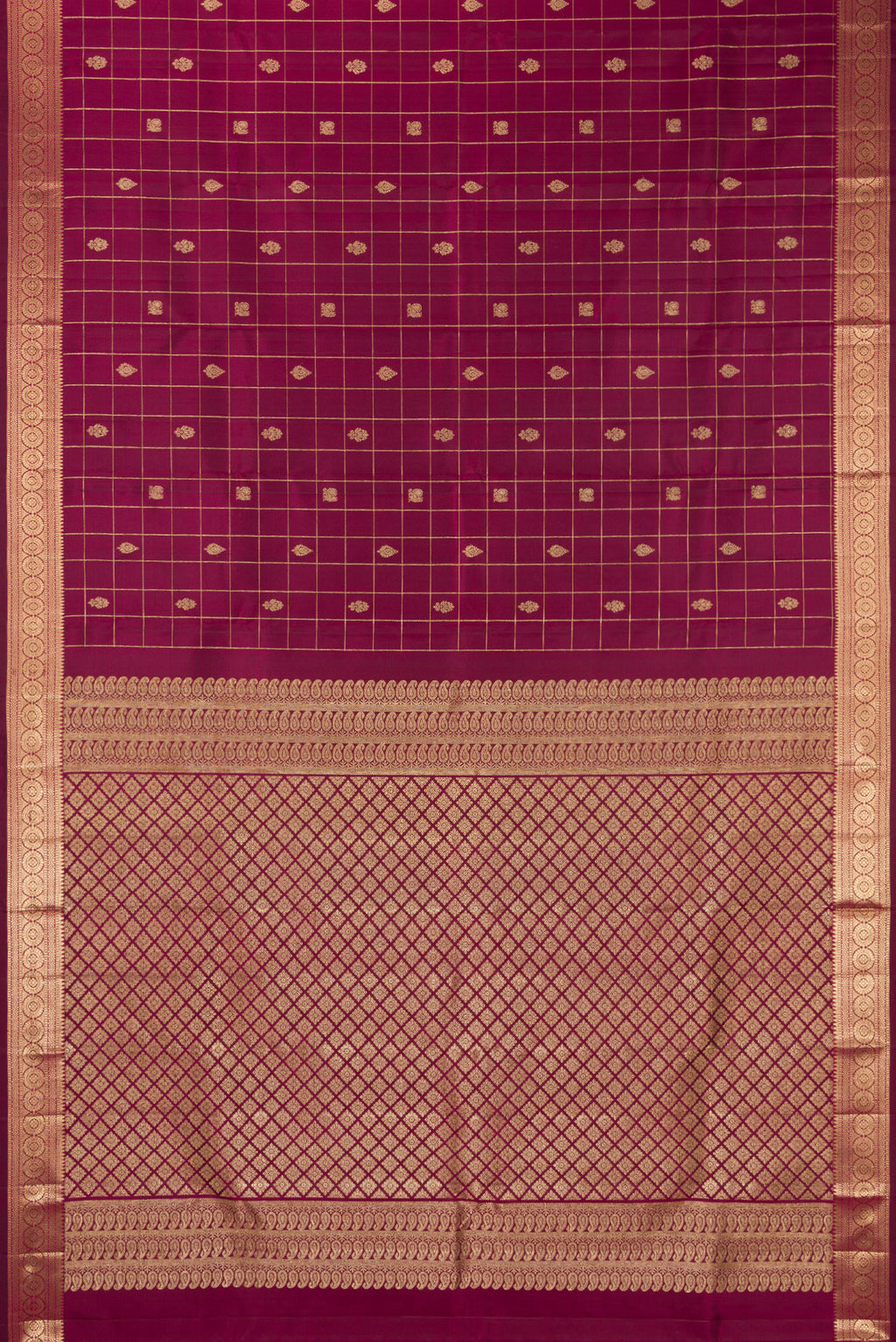 Flat view of Pure Silk Maroon Kanchipuram Saree with Checked design on the body and Zari Border. 