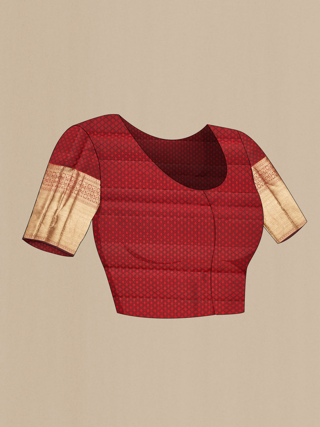 Close up image of the blouse of Pure Silk Maroon Dual Tone Kanchipuram Saree with Zari Brocade on the body and Fancy Border. 