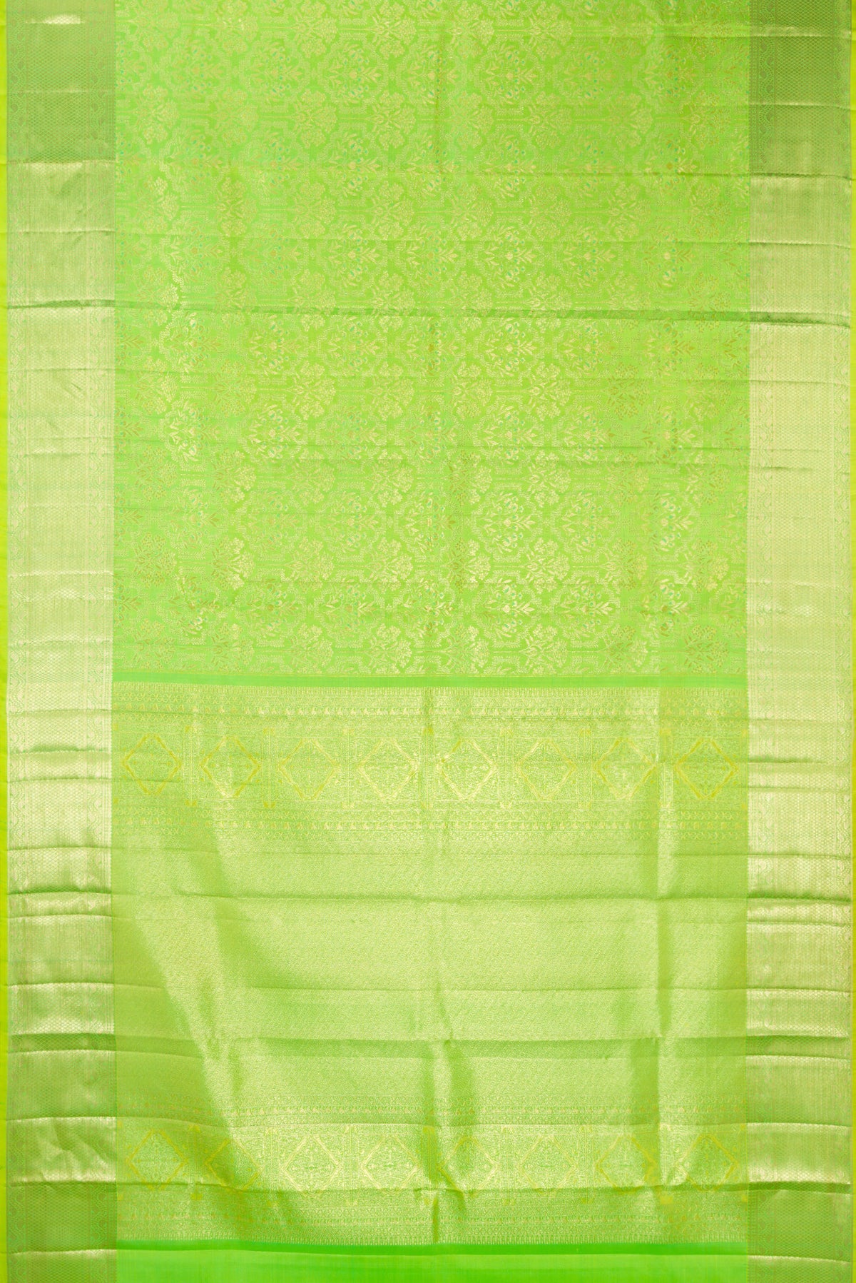 Flat view of Pure Silk Parrot Green Kanchipuram Saree with Zari Brocade on the body and Fancy Border. 