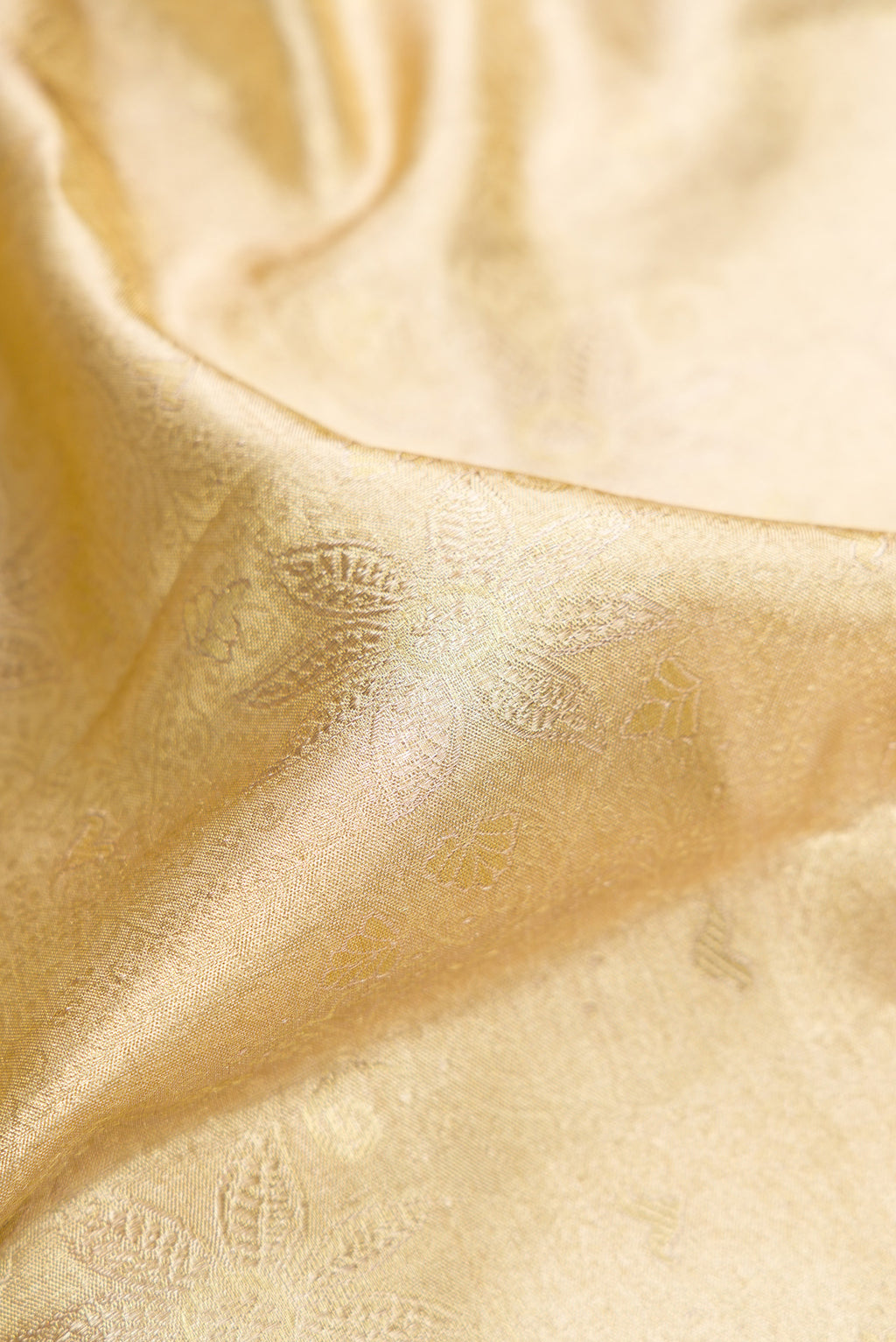 Close up of Gold with Red Dual Tone Kanjivaram Tissue Saree with Zari Brocade on the body and Fancy Border.  displaying folds