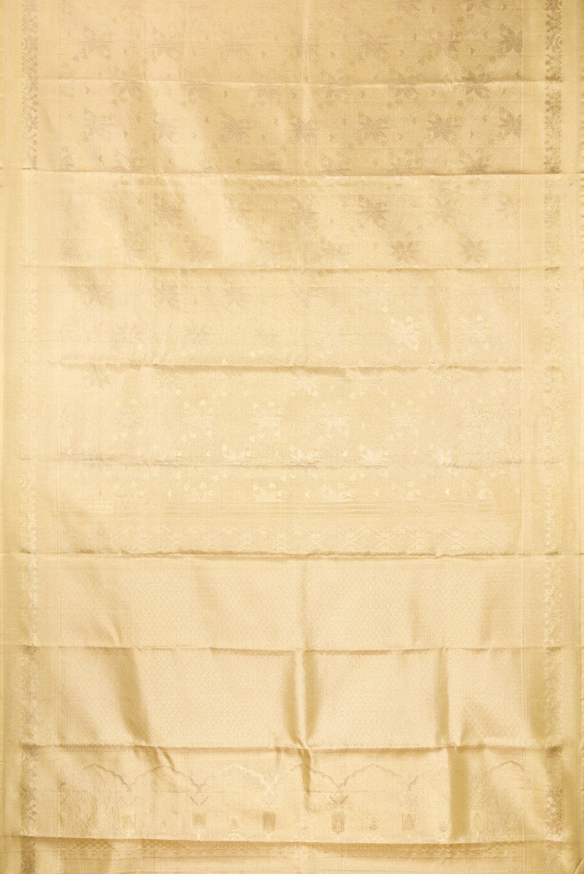 Flat view of Gold with Red Dual Tone Kanjivaram Tissue Saree with Zari Brocade on the body and Fancy Border. 