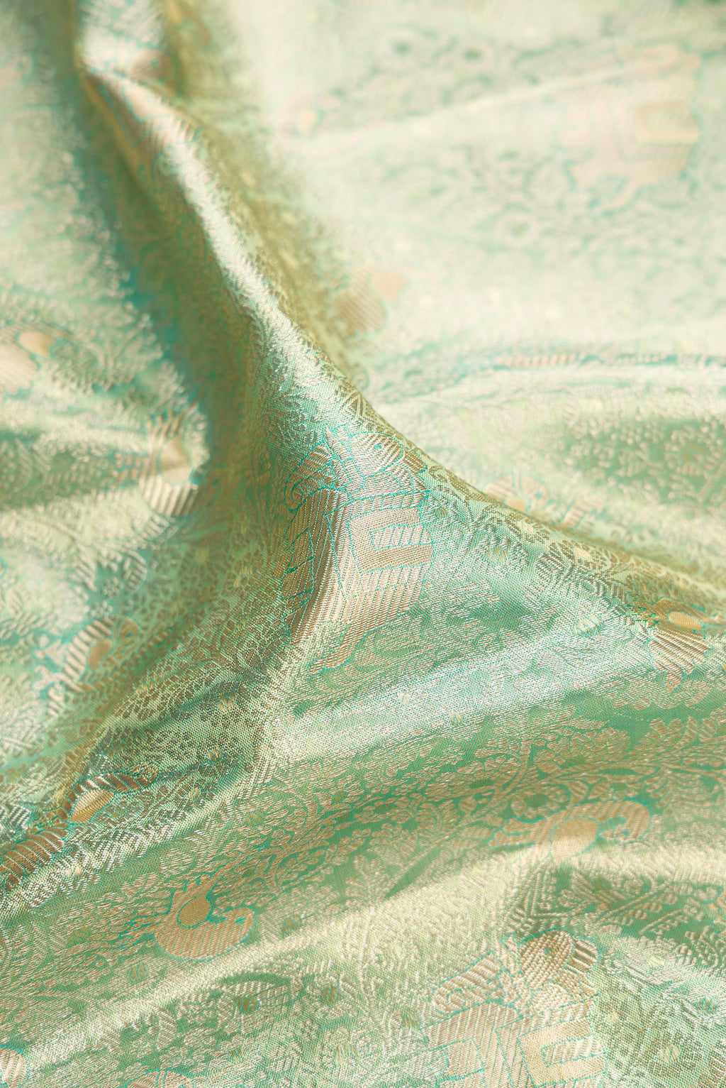 Close up of Pista Green Dual Tone Kanjivaram Tissue Saree with Zari Brocade on the body and Fancy Border.  displaying folds