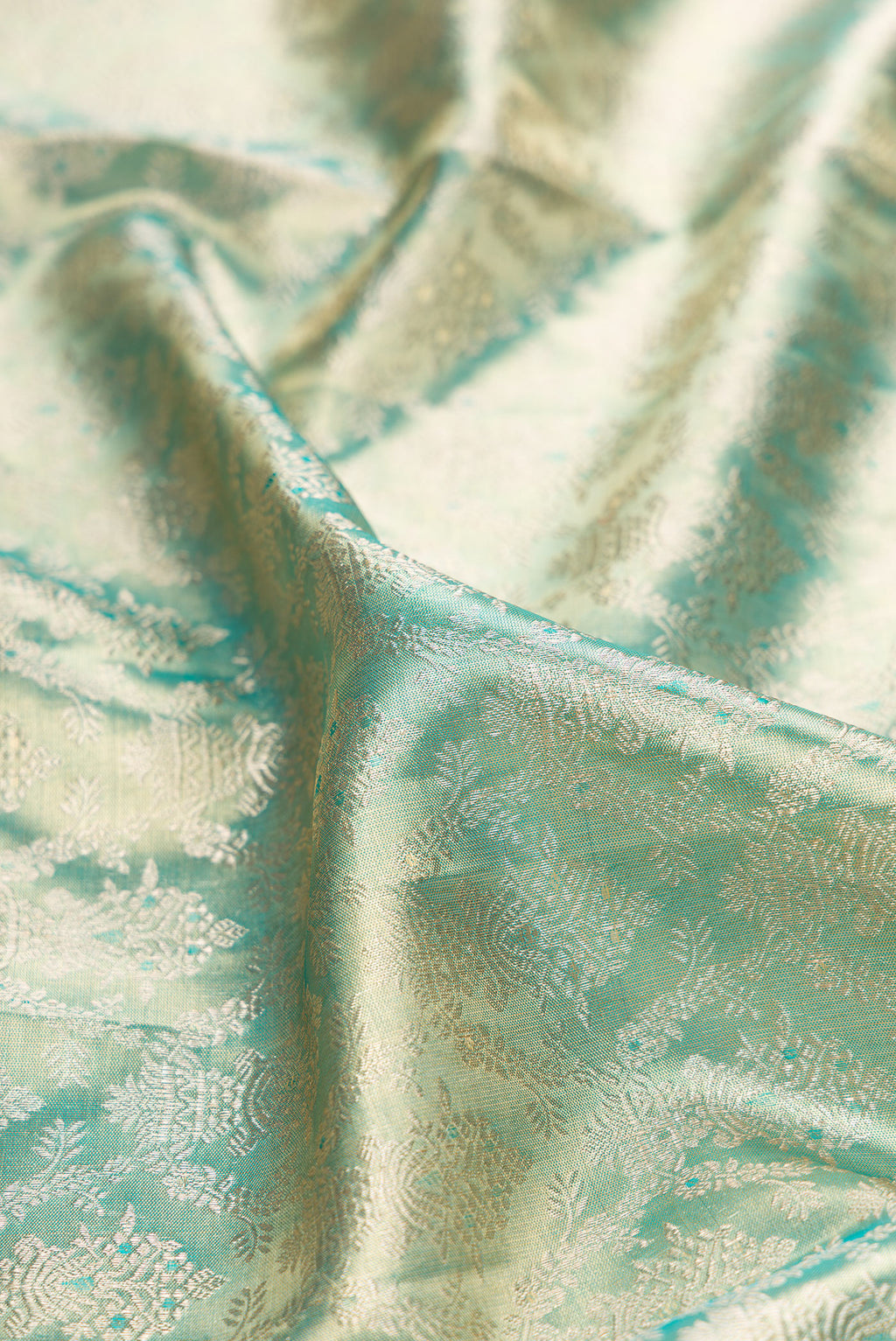 Close up of Light Green Dual Tone Kanjivaram Tissue Saree with Zari Brocade on the body and Fancy Border.  displaying folds