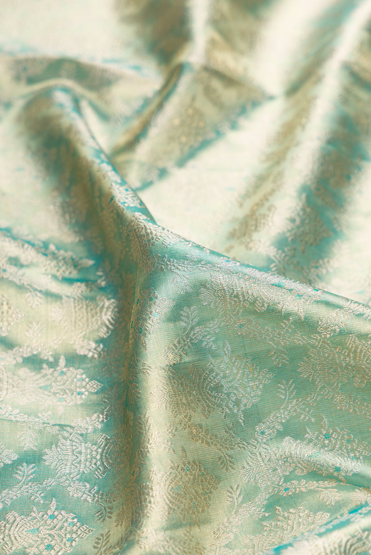 Close up of Light Green Dual Tone Kanjivaram Tissue Saree with Zari Brocade on the body and Fancy Border.  displaying folds