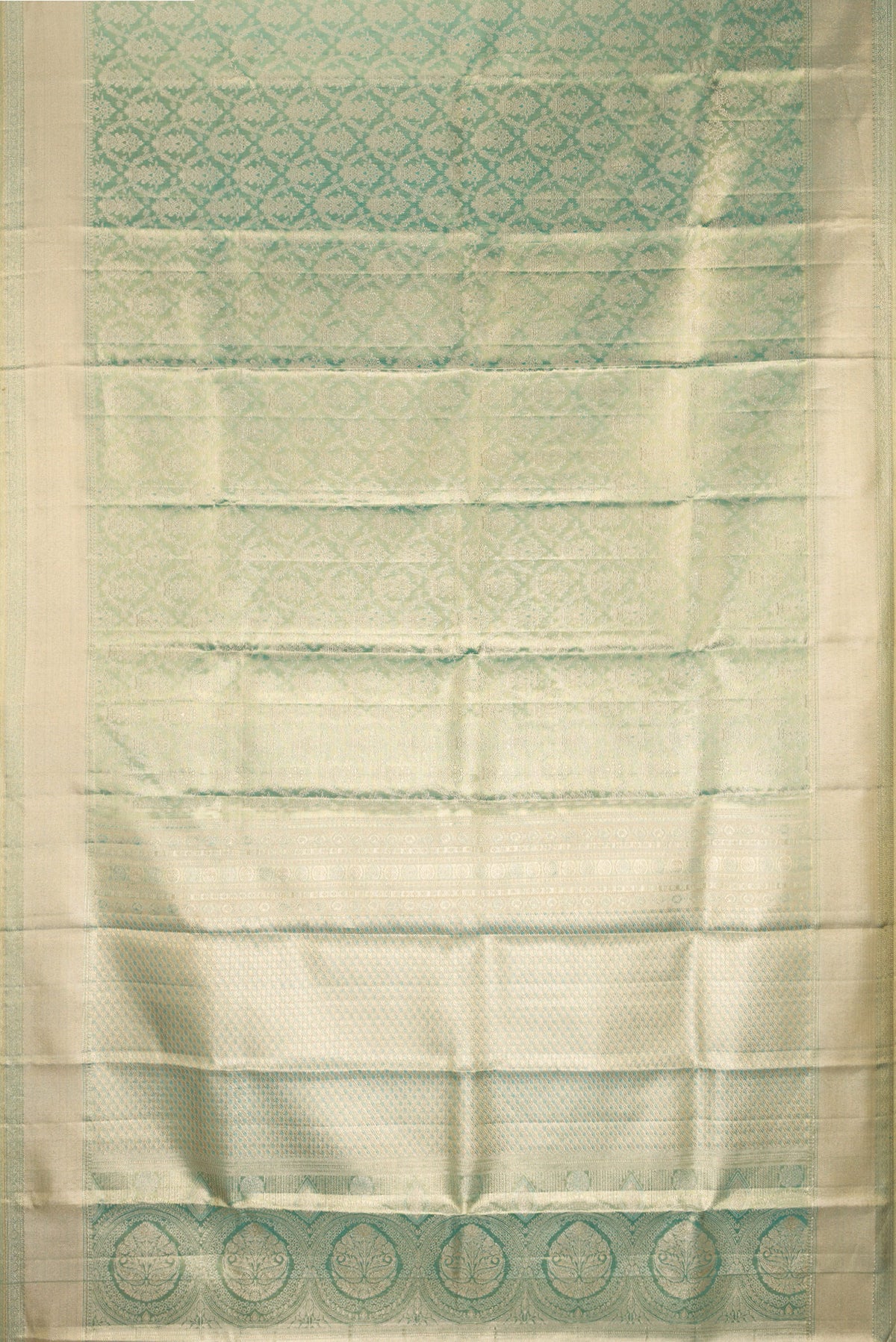 Flat view of Light Green Dual Tone Kanjivaram Tissue Saree with Zari Brocade on the body and Fancy Border. 