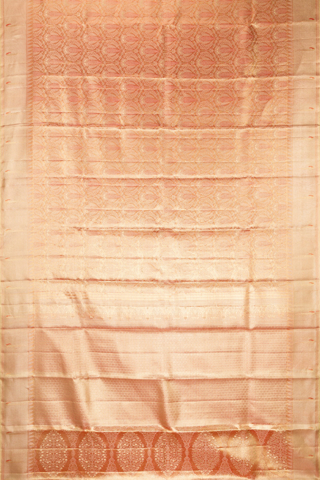 Flat view of Gold with Red Color Kanjivaram Tissue Saree with Zari Brocade on the body and Paithani Border. 
