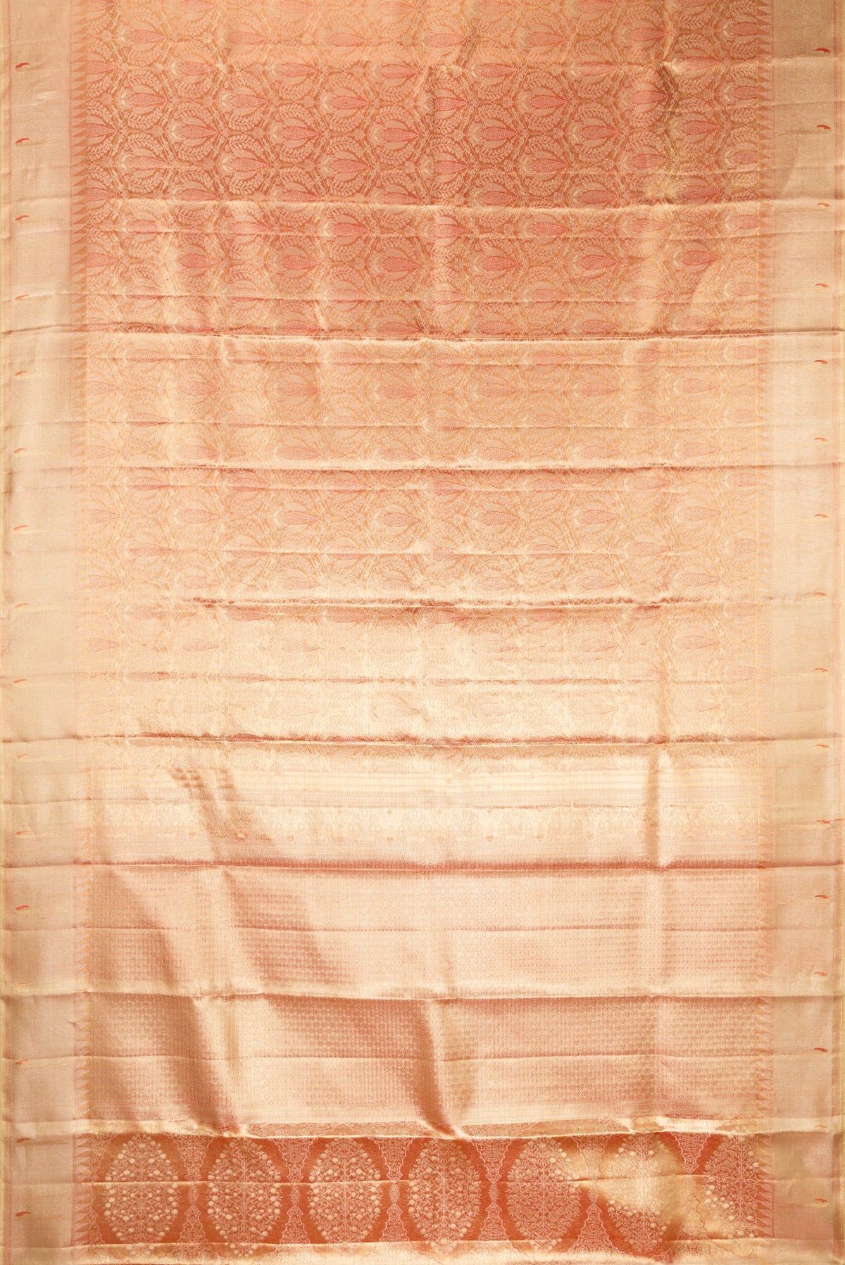 Flat view of Gold with Red Color Kanjivaram Tissue Saree with Zari Brocade on the body and Paithani Border. 
