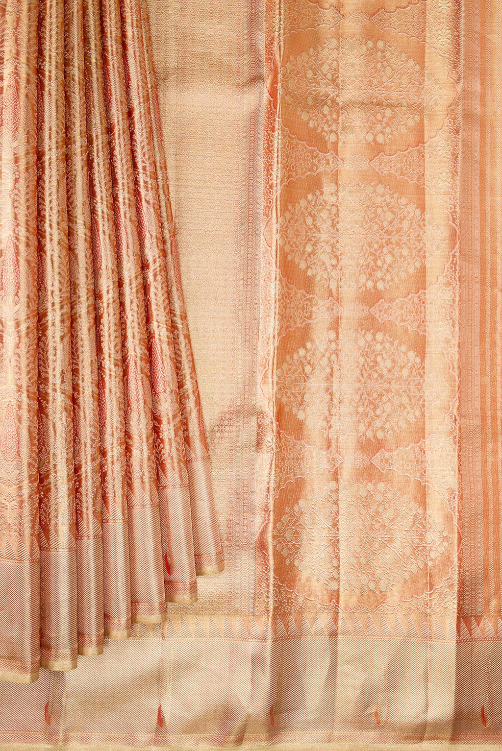 Pleats and pallu of Gold with Red Color Kanjivaram Tissue Saree with Zari Brocade on the body and Paithani Border. 